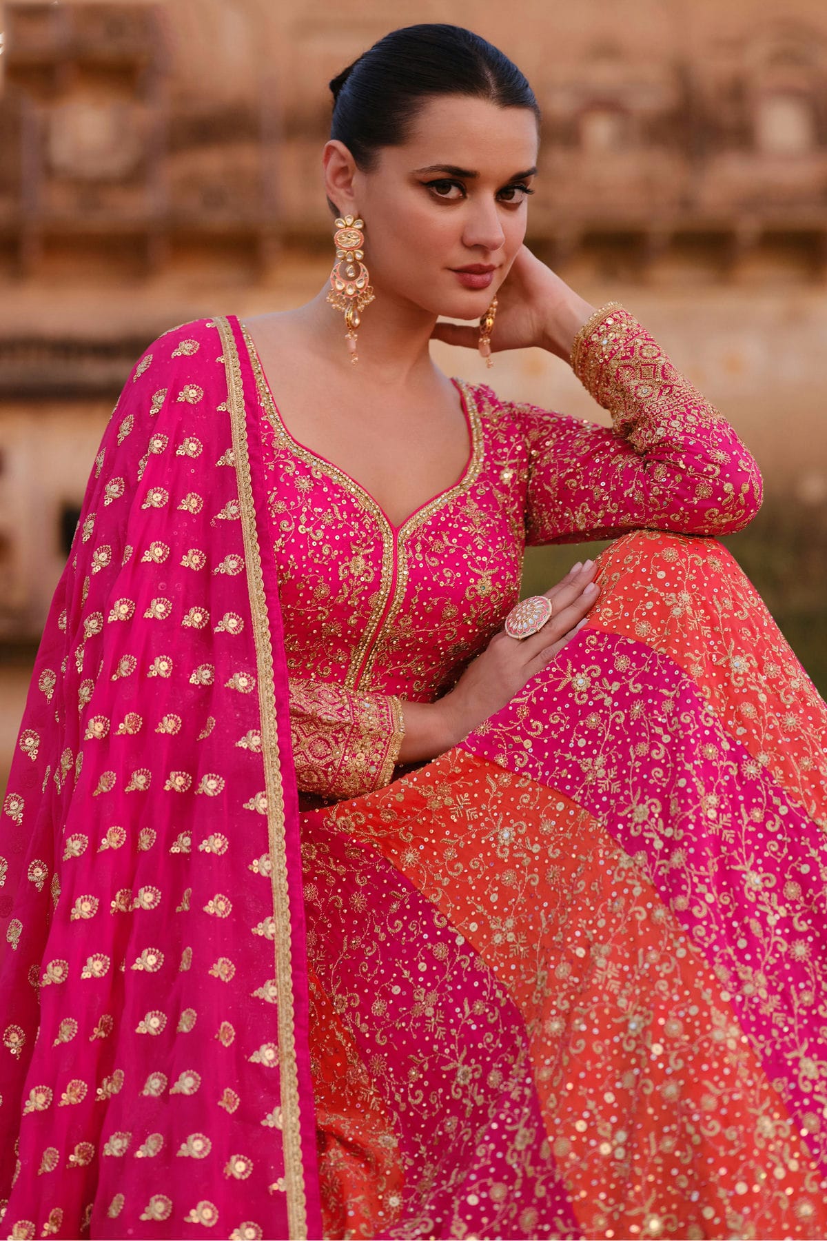Pink and Orange Colour Gerogette Semi Stitched Anarkali Suit VSSM1140449