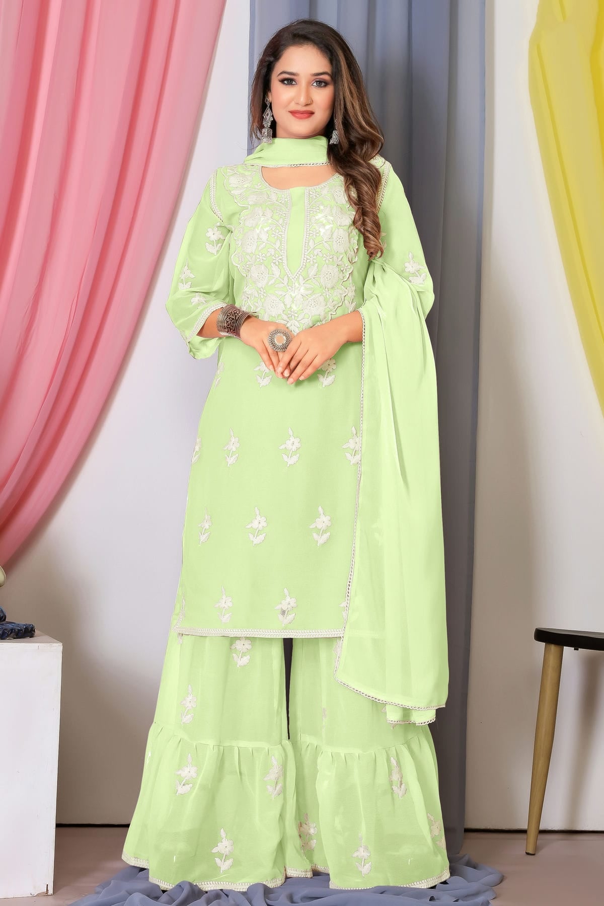 slim fit dress slacks Pista Green Chanderi Silk Jacquard Sharara Suit main image 1