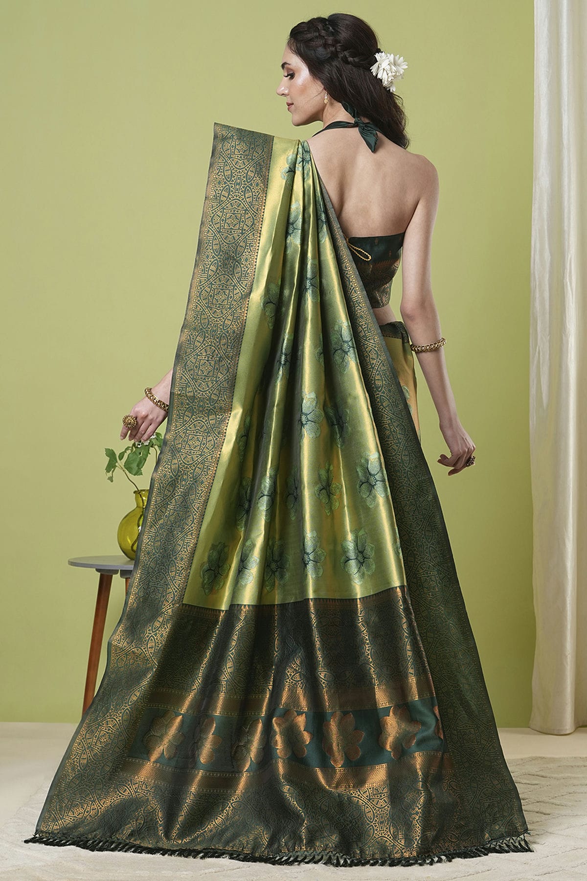 Pista Green Colour Banarasi Silk Traditional Saree