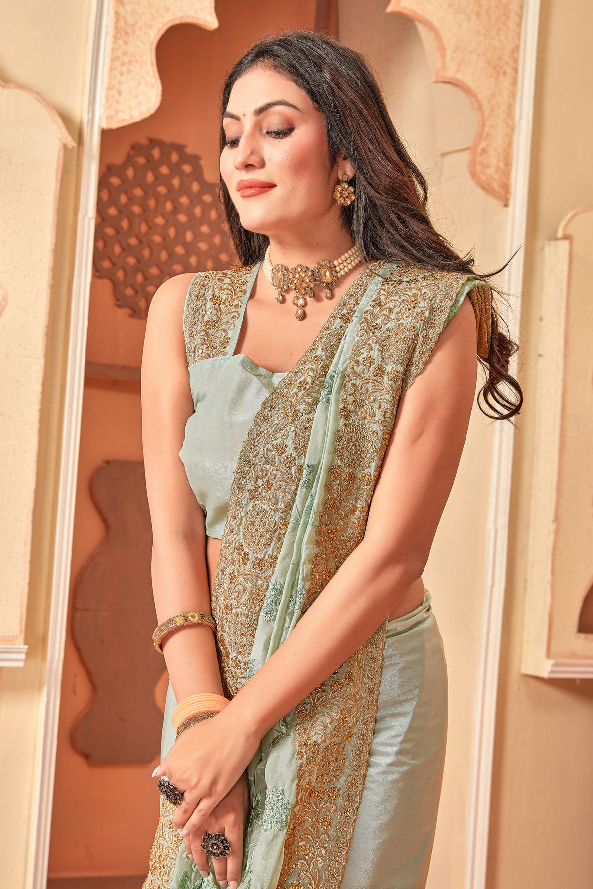Pista Green Colour Crepe Silk Designer Saree VSLC1121507