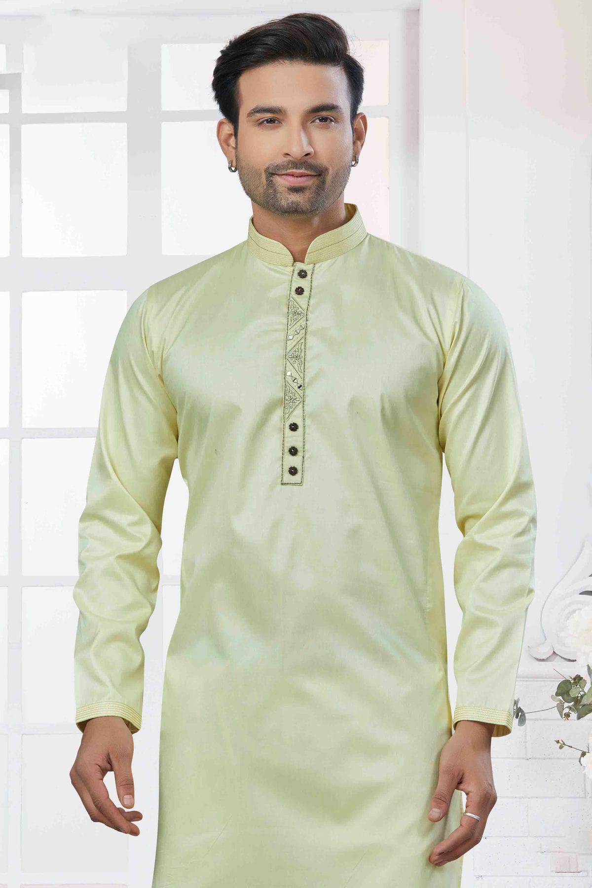 Pista Green Colour Embroidery Cotton Kurta Pajama VSKP1113436