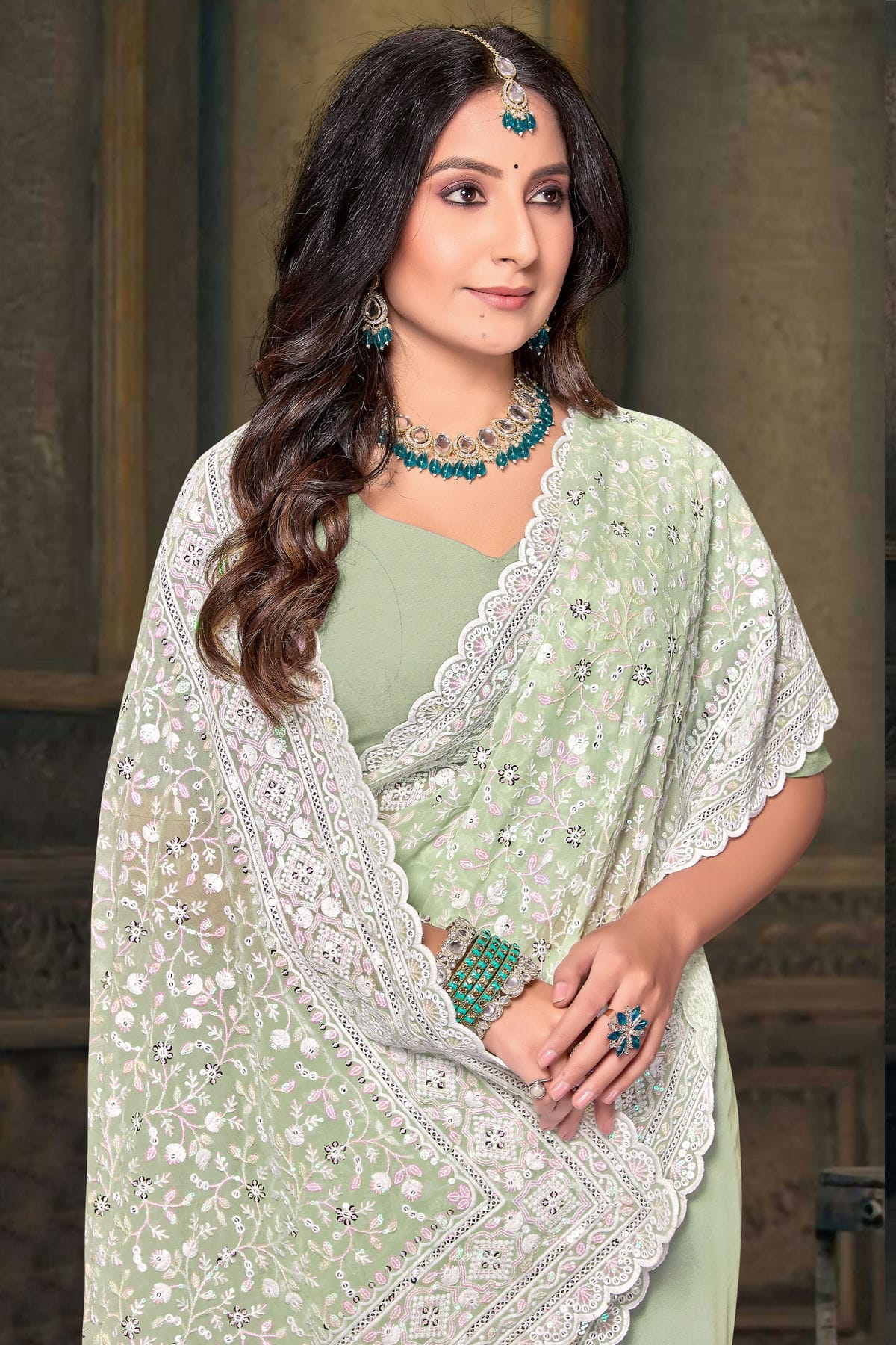 Pista Green Colour Georgette Designer Saree