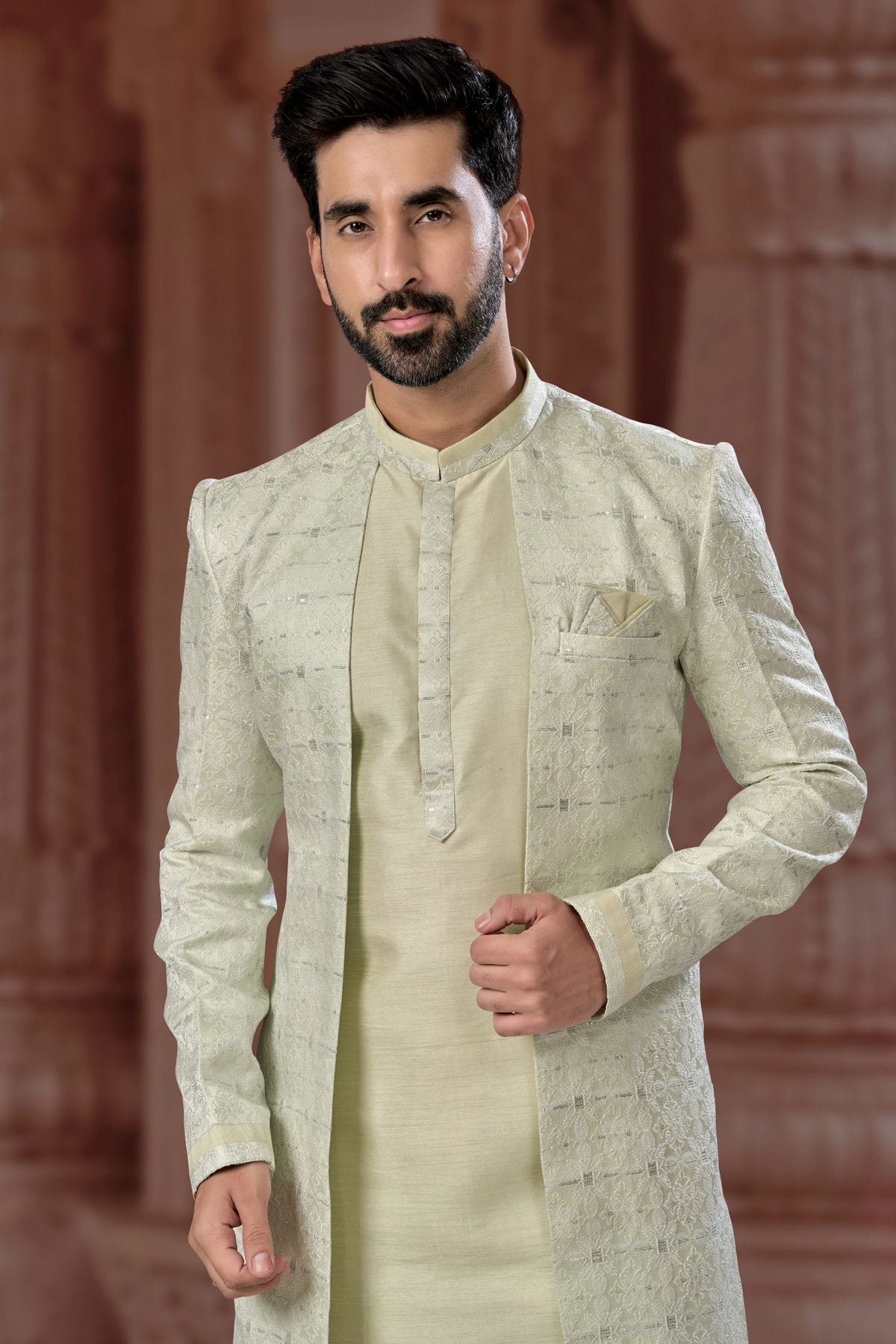 Pista Green Colour Jacquard and Silk Dhupion Sherwani VSSH1040570