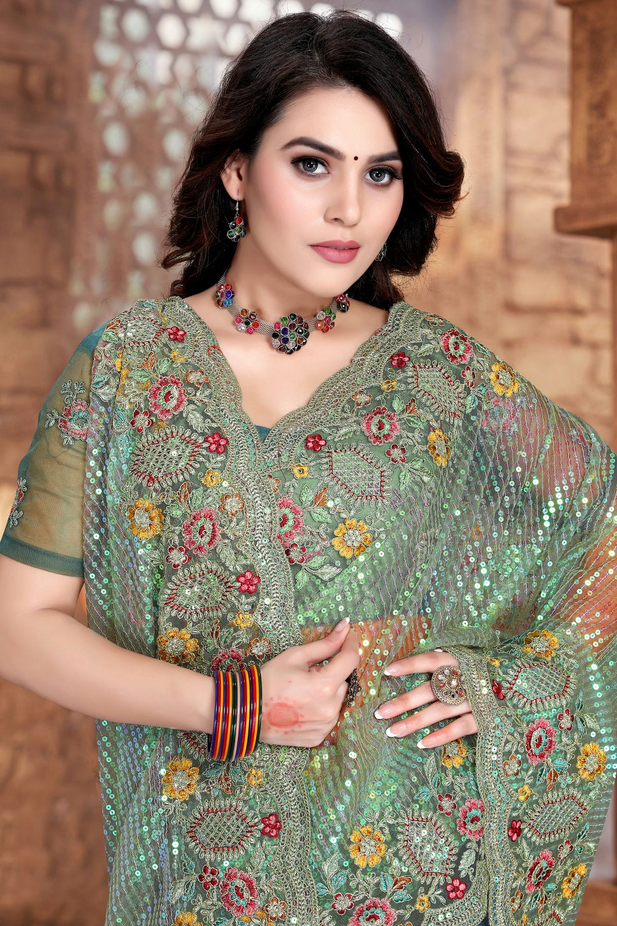 Pista Green Colour Net Designer Saree VSLC1121329