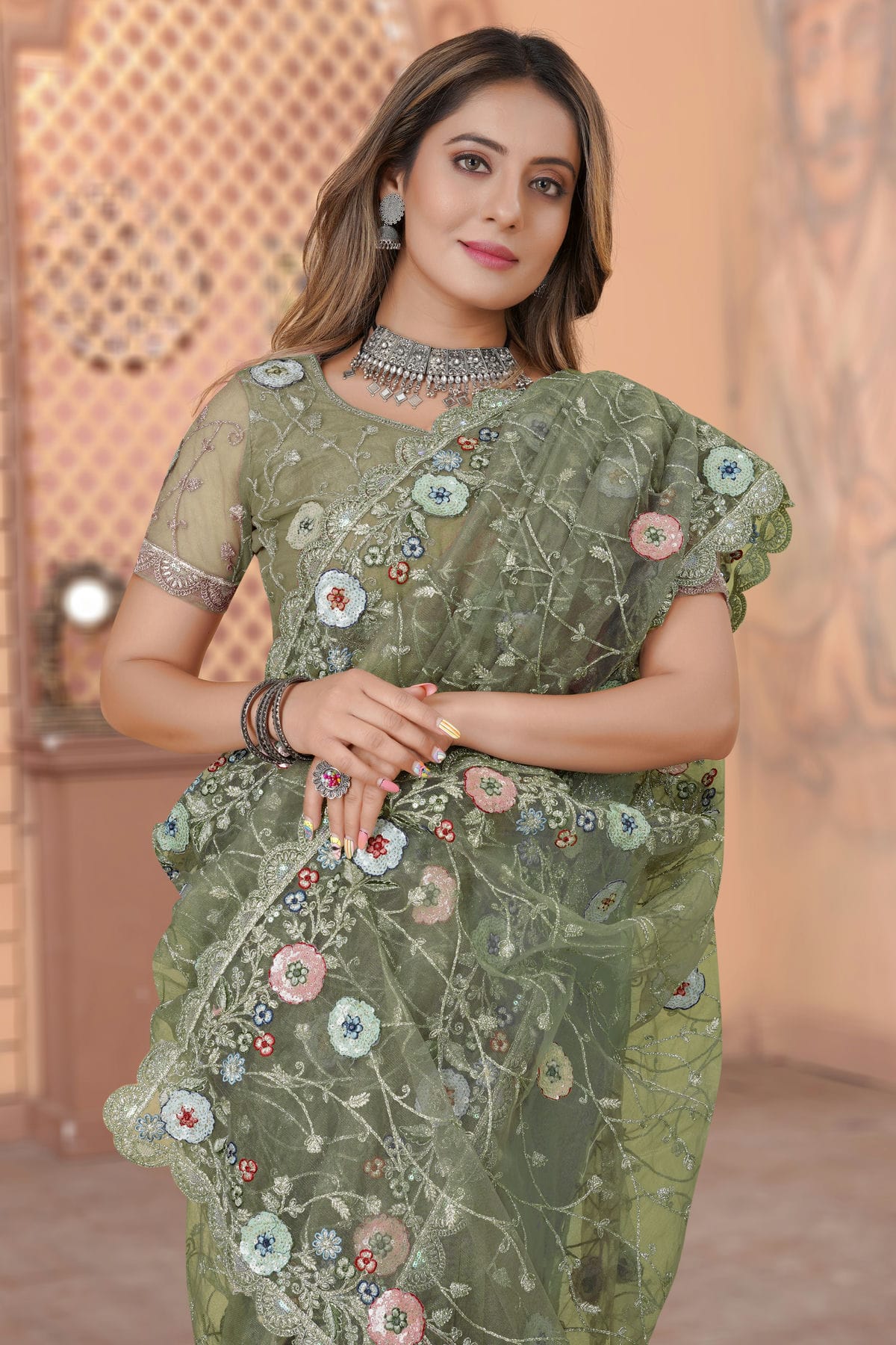 Pista Green Colour Net Designer Saree VSLC1121438