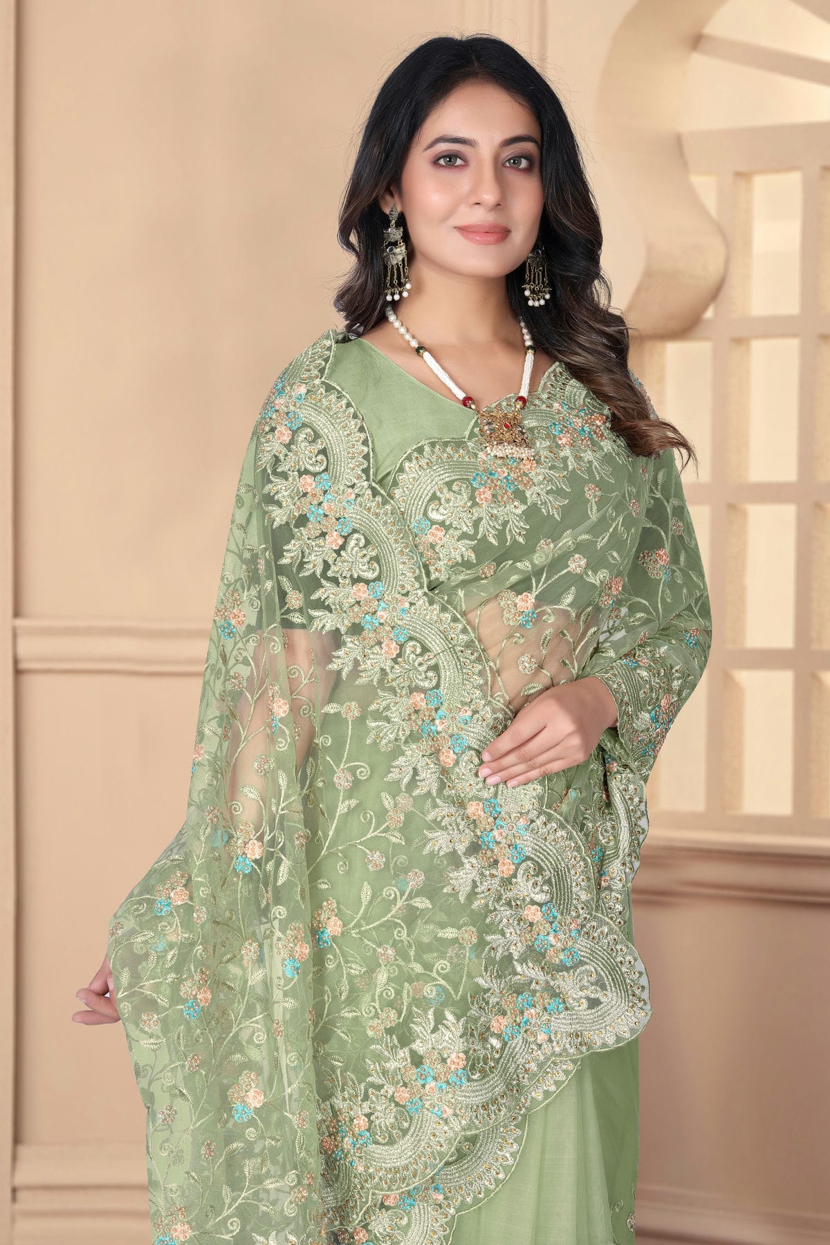 Pista Green Colour Net Designer Saree