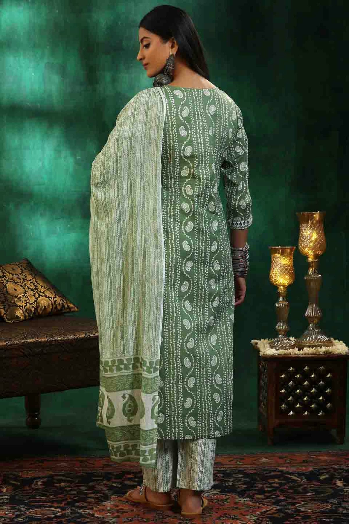Pista Green Colour Roman Slub Printed Pant Style Suit VSSS1113697