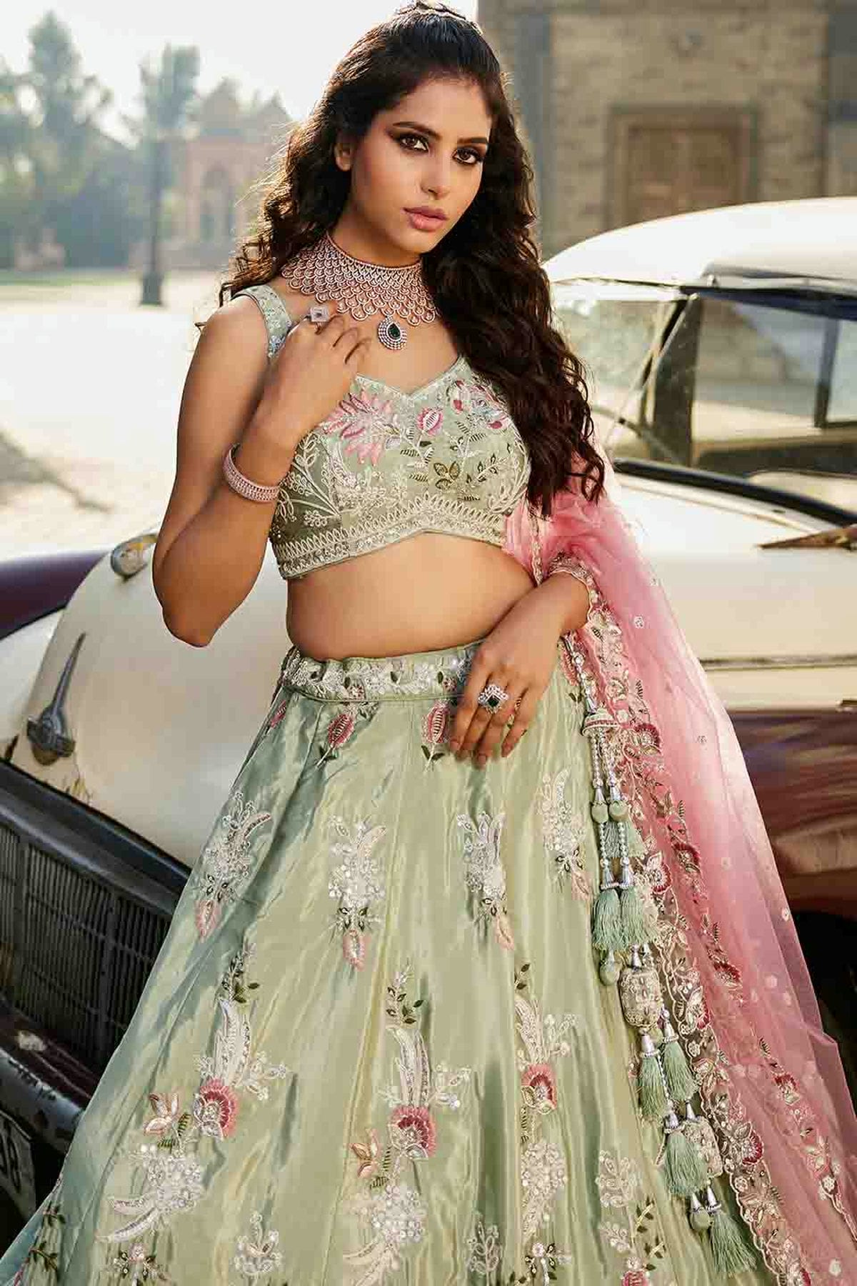 Pista Green Colour Satin Lehenga Choli VSLC1113170