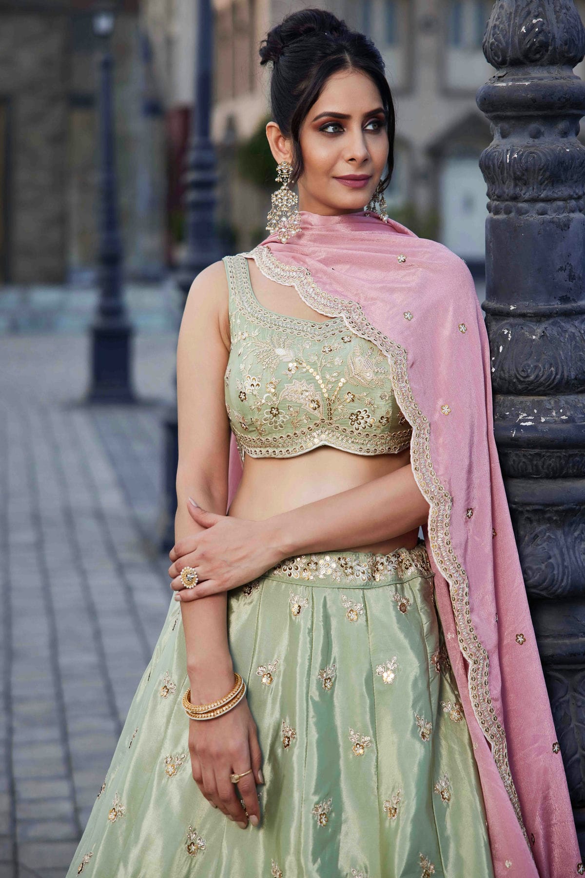 Pista Green Colour Satin Lehenga Choli VSLC1113179