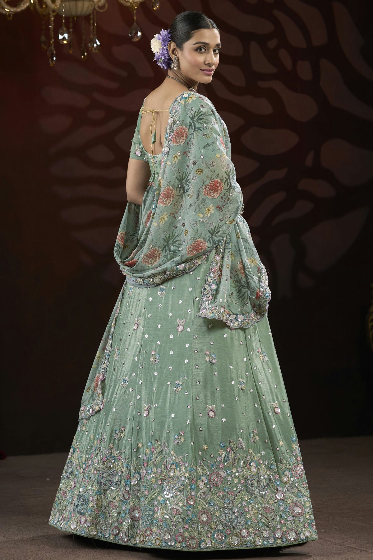 Pista Green Colour Semi Stitched Chinon Lehenga Choli VSLC1112514