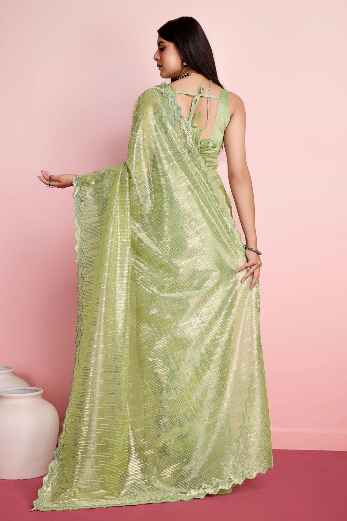 Pista Green Colour Silver Twill Net Saree VSSD1110495