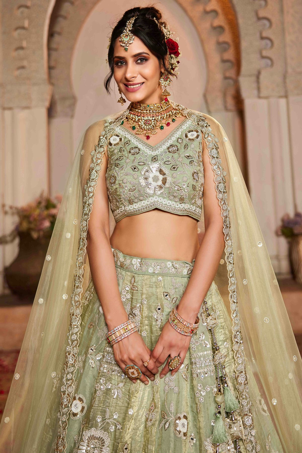 Pista Green Colour Tissue Lehenga Choli VSLC1113155