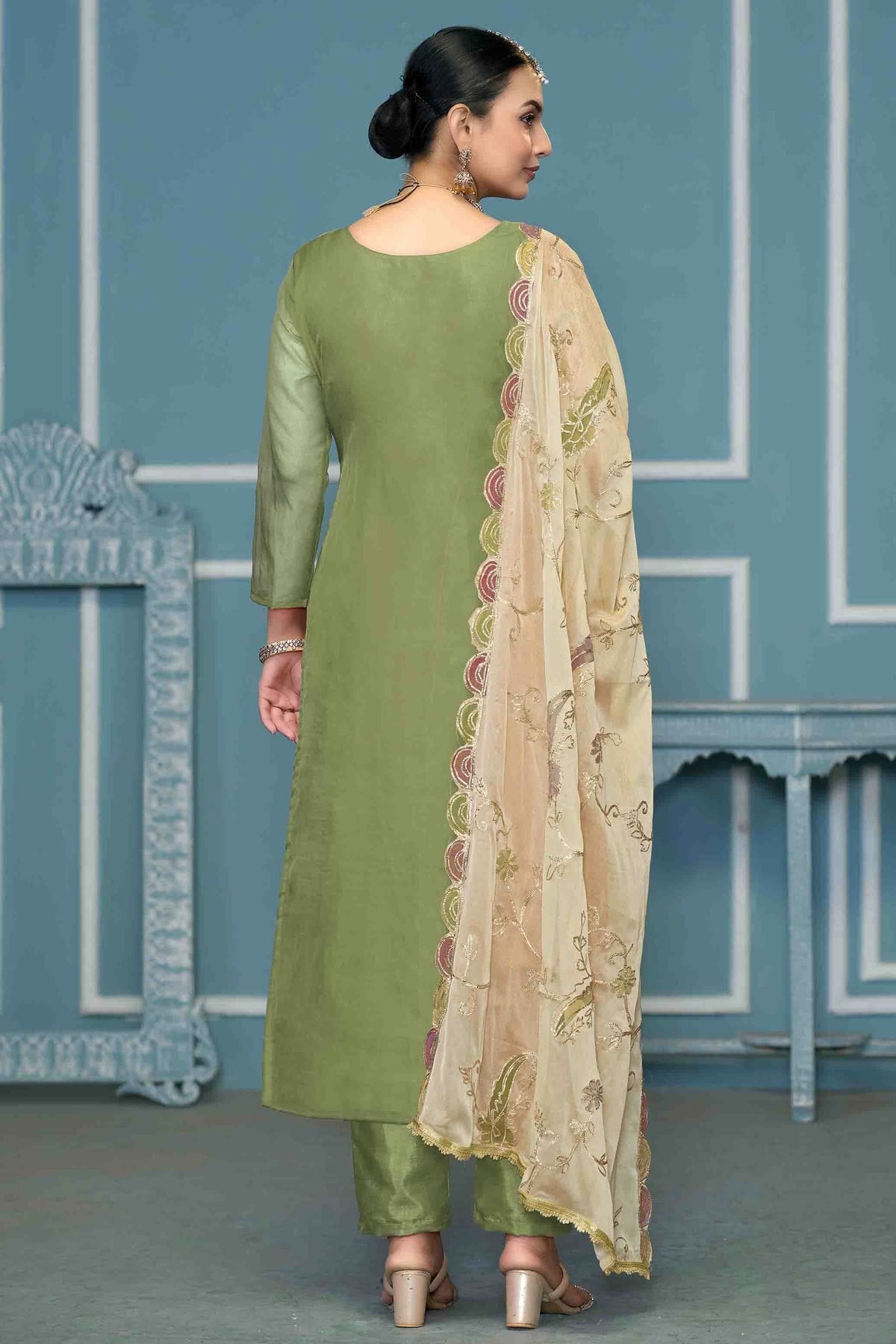 Pista Green Colour Viscose Organza Pant Style Suit VSSM1113265
