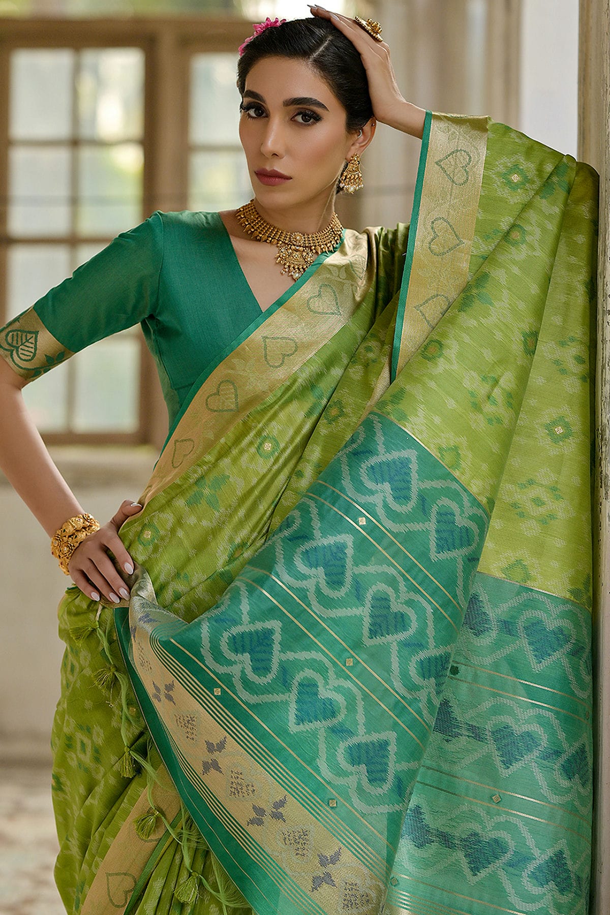 Pista Green Colour Woven Work Raw Silk Saree