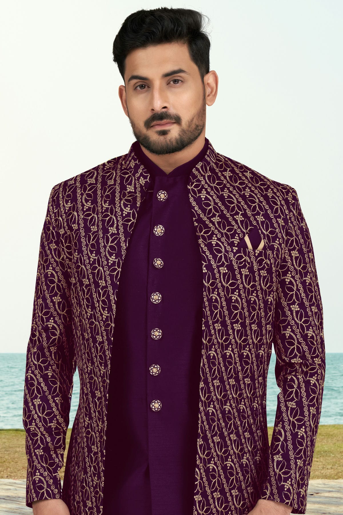 Purple Colour Banarasi Silk Sherwani VSSH1040536