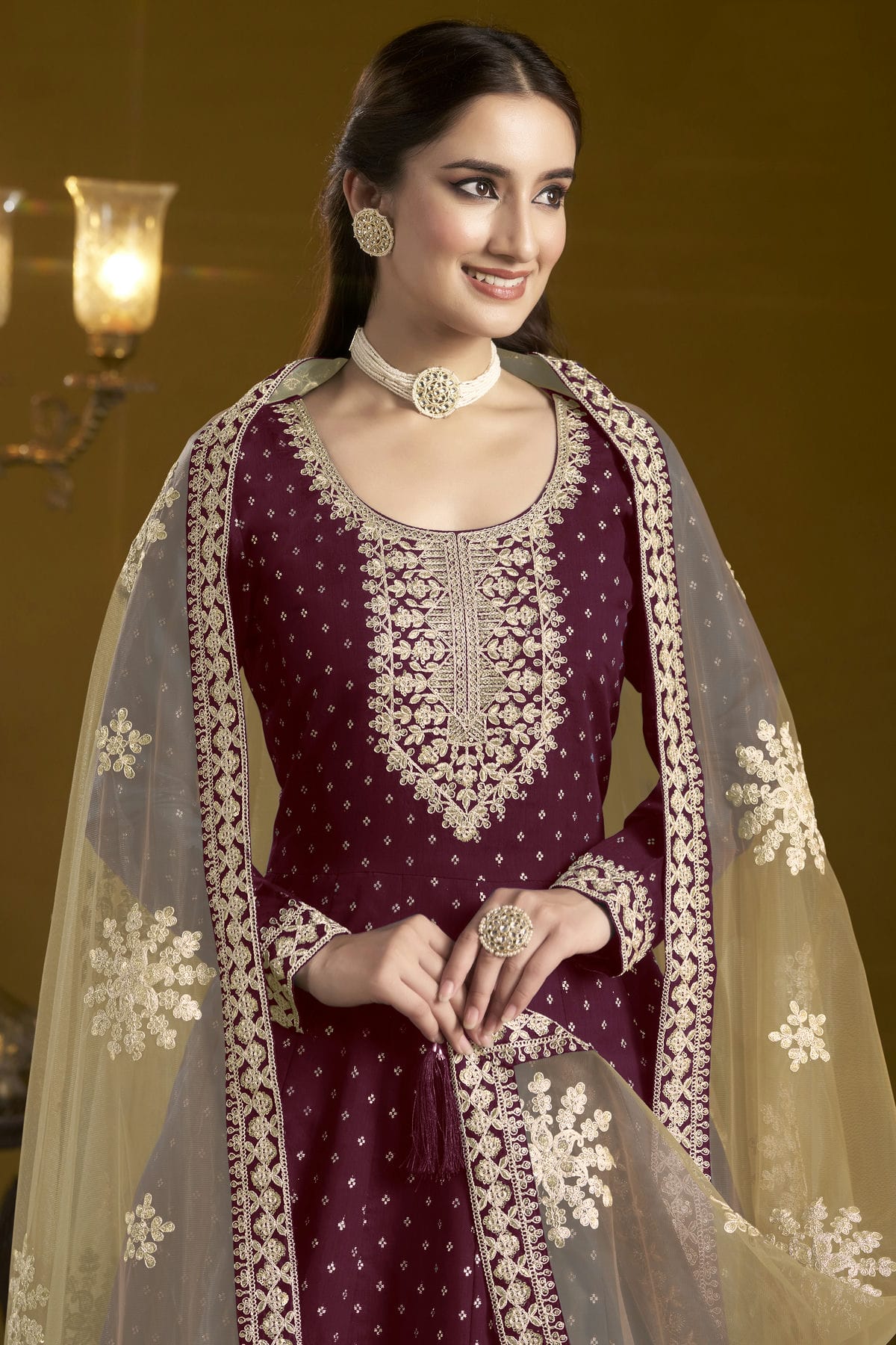 Purple Colour Chanderi Butti Semi Stitched Anarkali Suit VSSM1050650