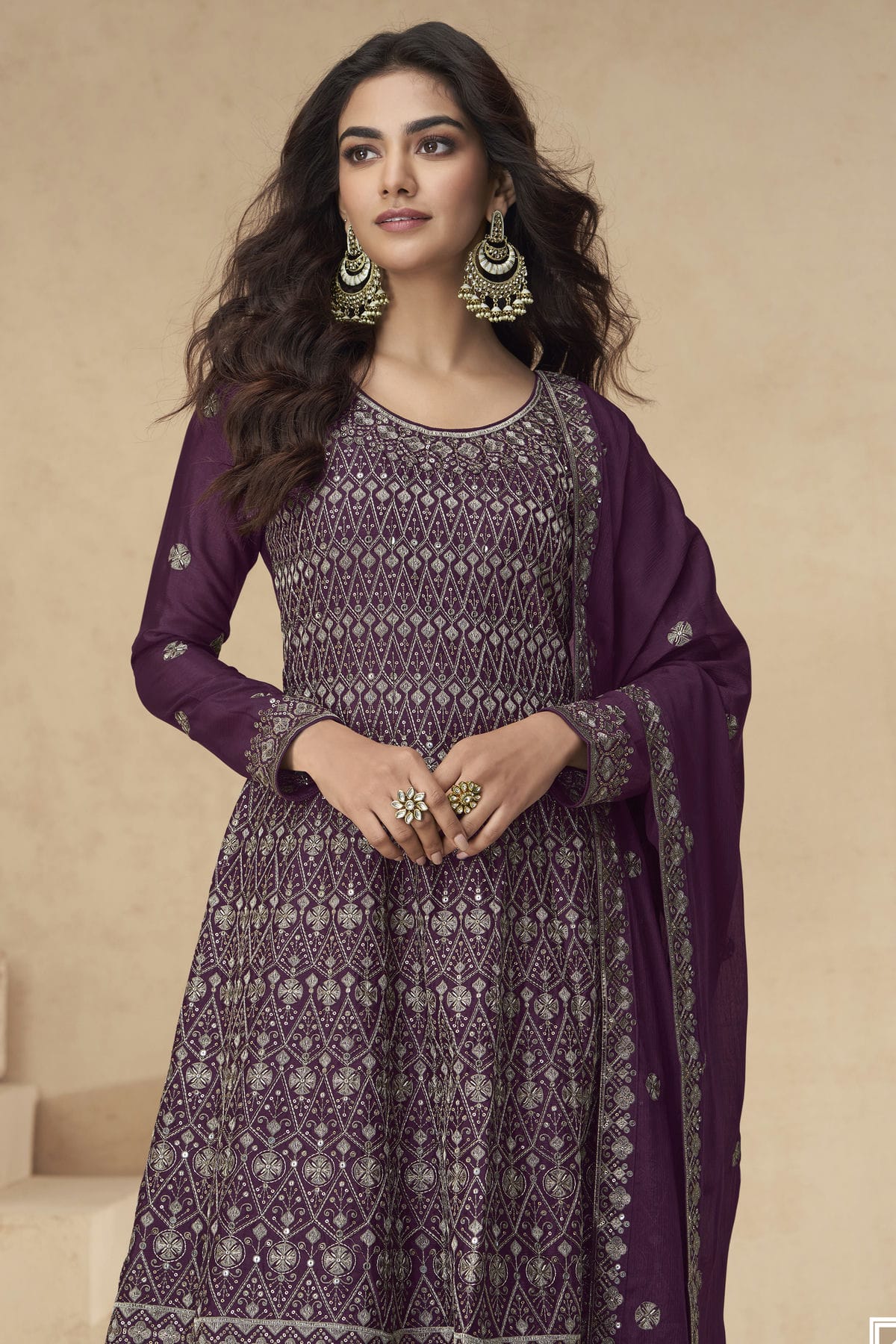 Purple Colour Chinon Silk Palazzo Pant Suit VSSM1140533