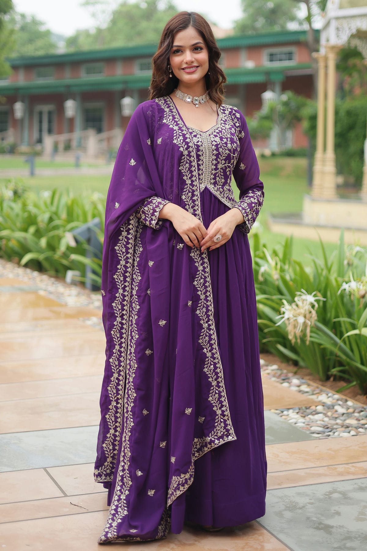 fitted lace wedding dress Purple Embroidered Georgette Gown (ACZ4235) main image 1