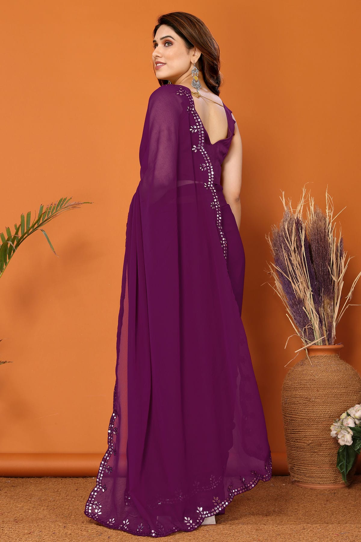 Purple Colour Georgette Mirror Work Saree VSSD1180120