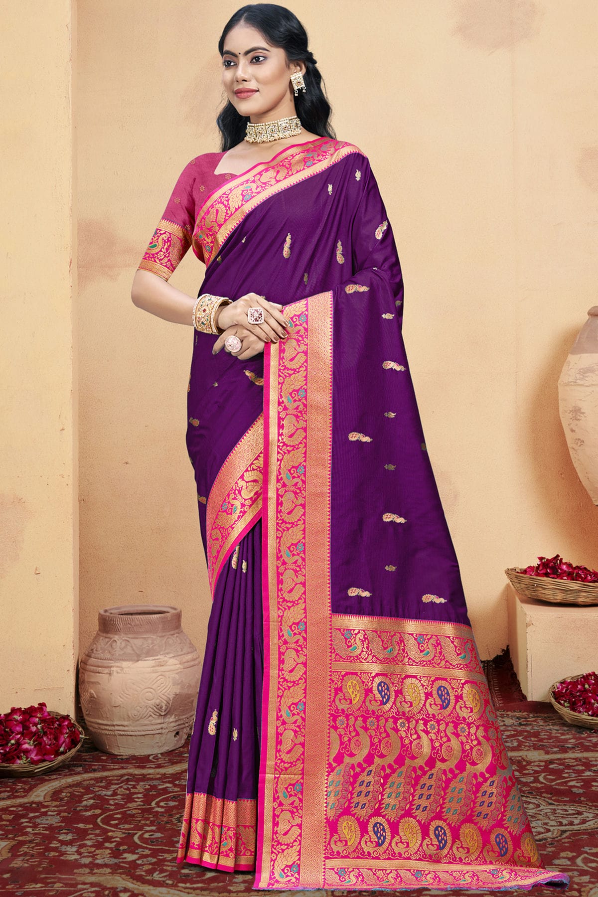 Purple Colour Silk Woven Work Traditional Saree