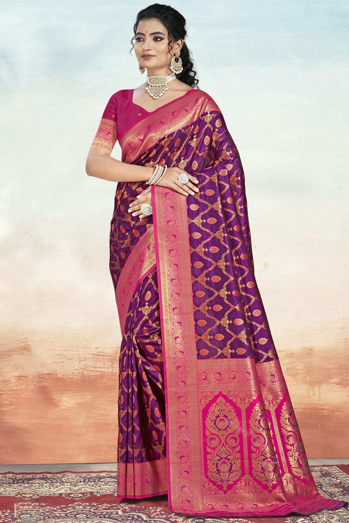 Purple Colour Silk Woven Work Traditional Saree