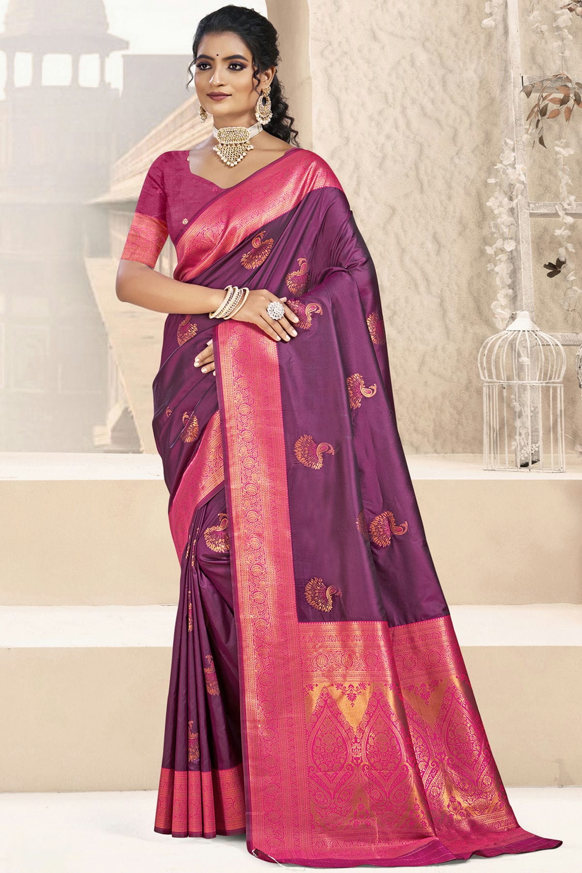 Purple Colour Silk Woven Work Traditional Saree