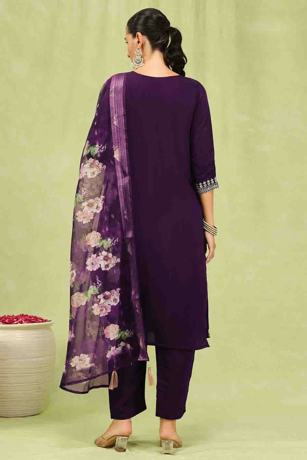 Purple Colour Viscose Roman Silk Stitched Pant Style Suit VSSS1113895