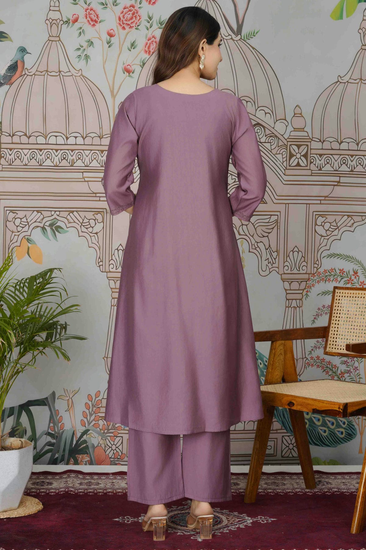Purple Colour Viscose Roman Silk Stitched Top and Bottom VSSS1113948