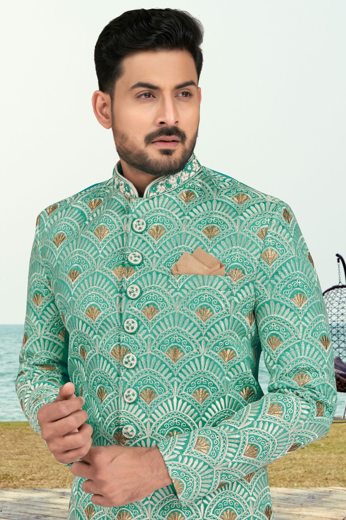 Rama Green Colour Banarasi Silk Indo Western Sherwani VSSH1040513