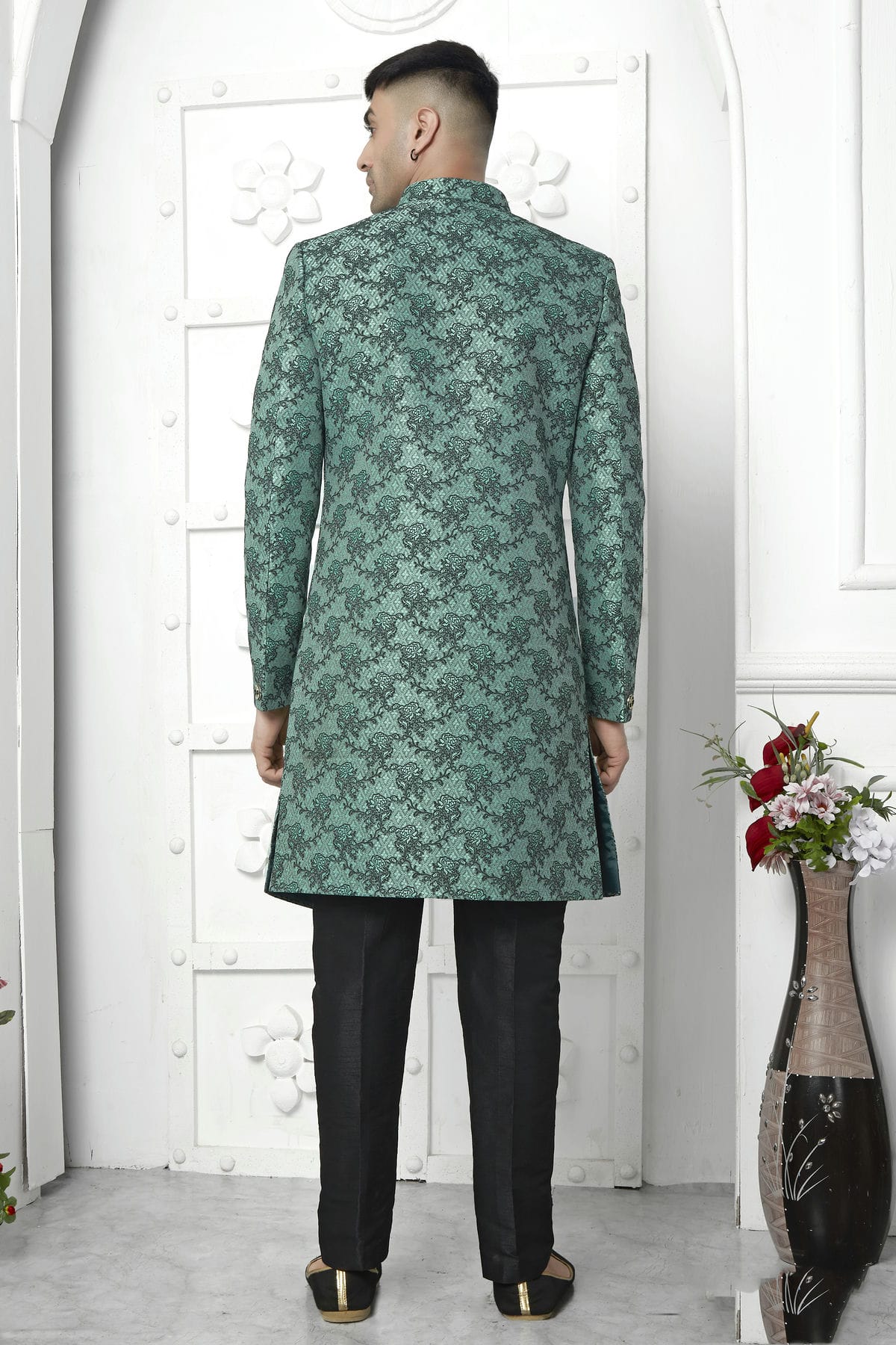 Rama Green Colour Jacquard Silk Indowestern Sherwani With Aligadhi Pant VSSH1230039