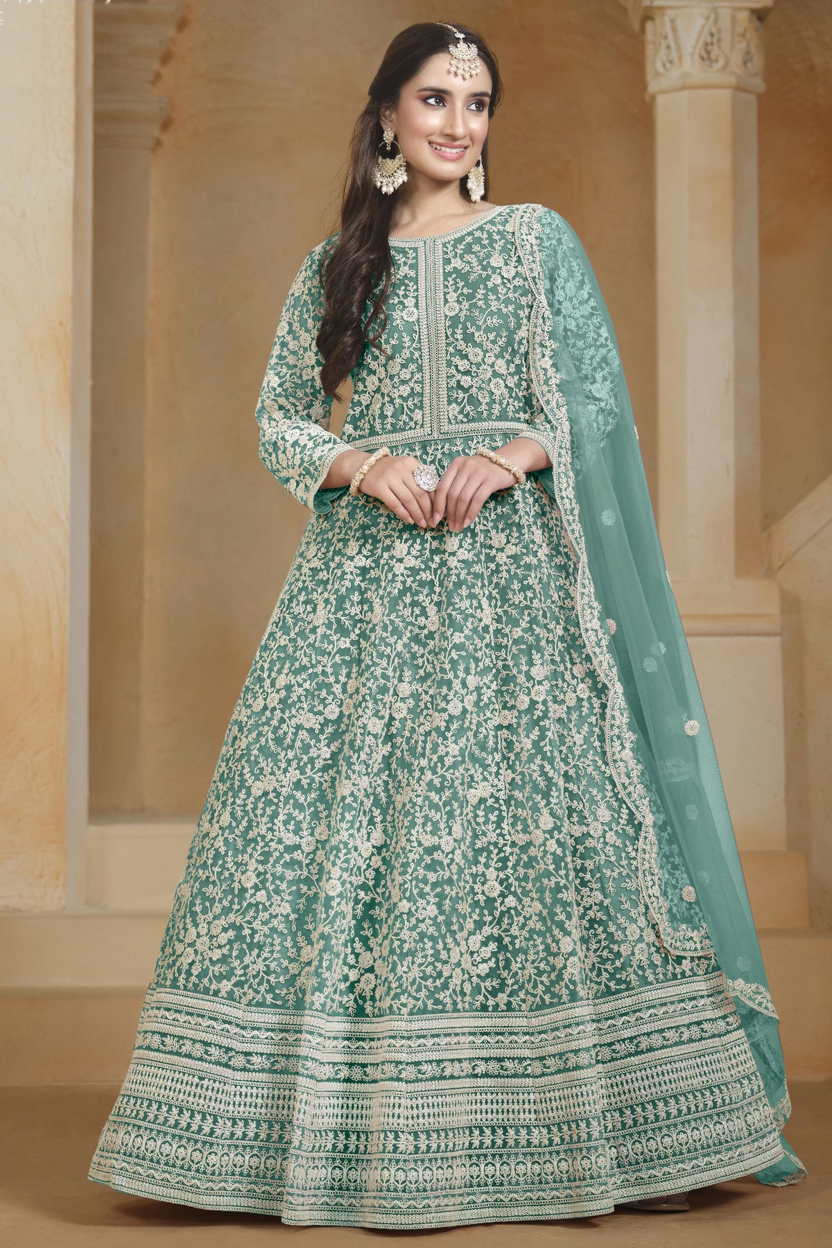 Shop Rama Green Net Semi Stitched Anarkali Suit vastradi.com Shop Rama Green Net Semi Stitched Anarkali Suit vastradi.com