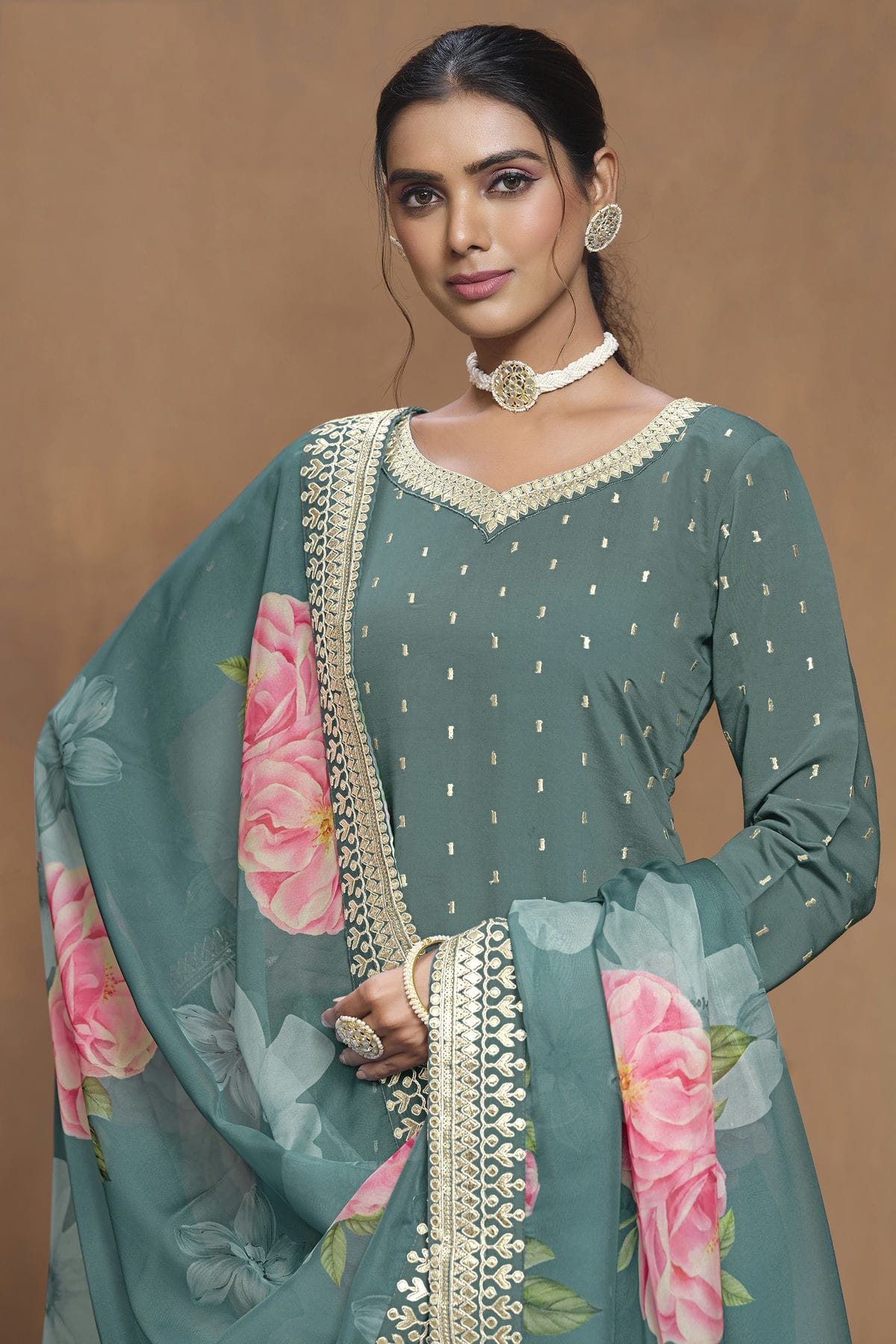 Rama Green Colour Roman Silk Sharara Suit VSSM1050565