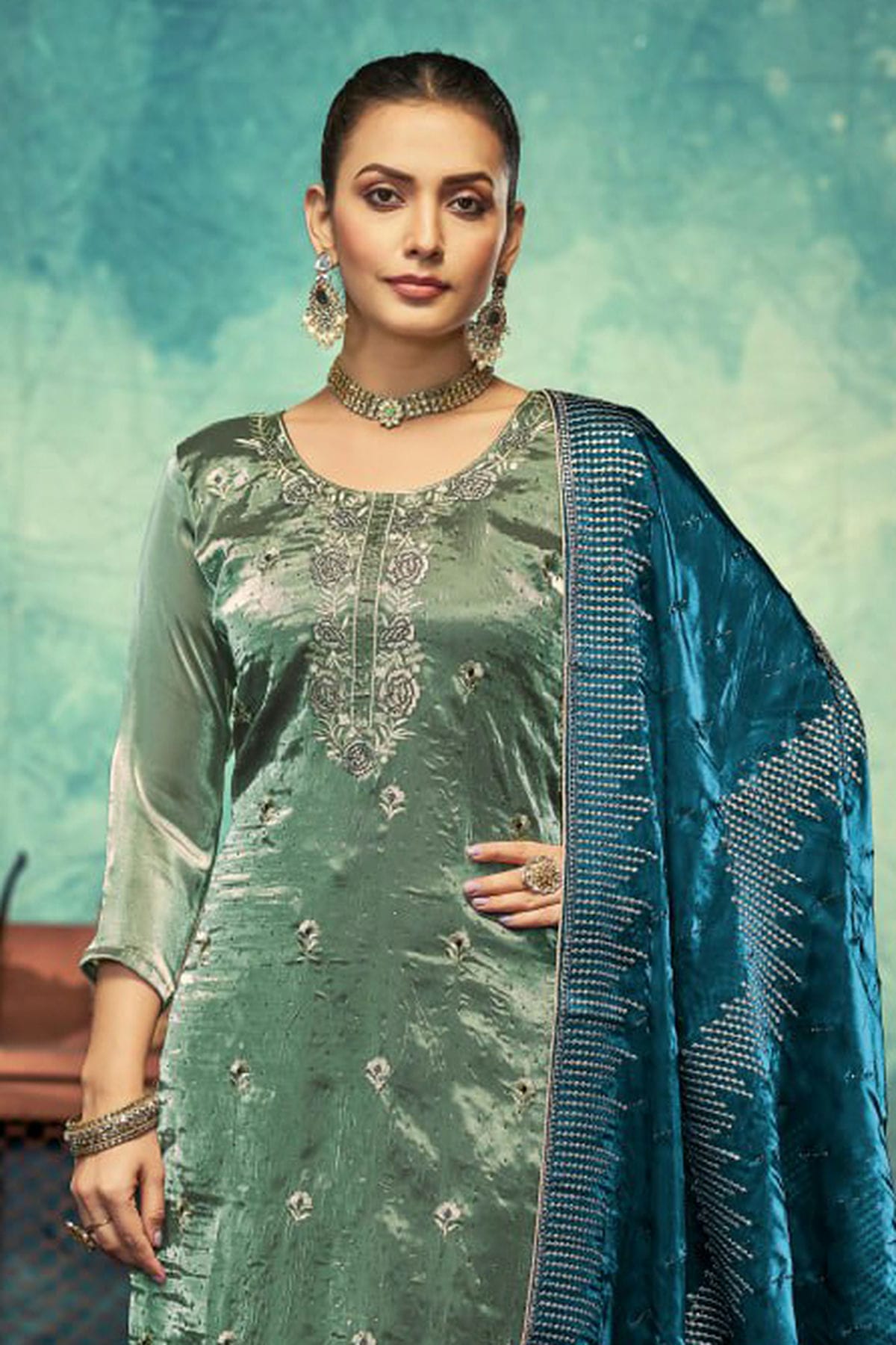 Rama Green Colour Semi Stitched Jimmy Choo Pant Style Suit VSSM1140509