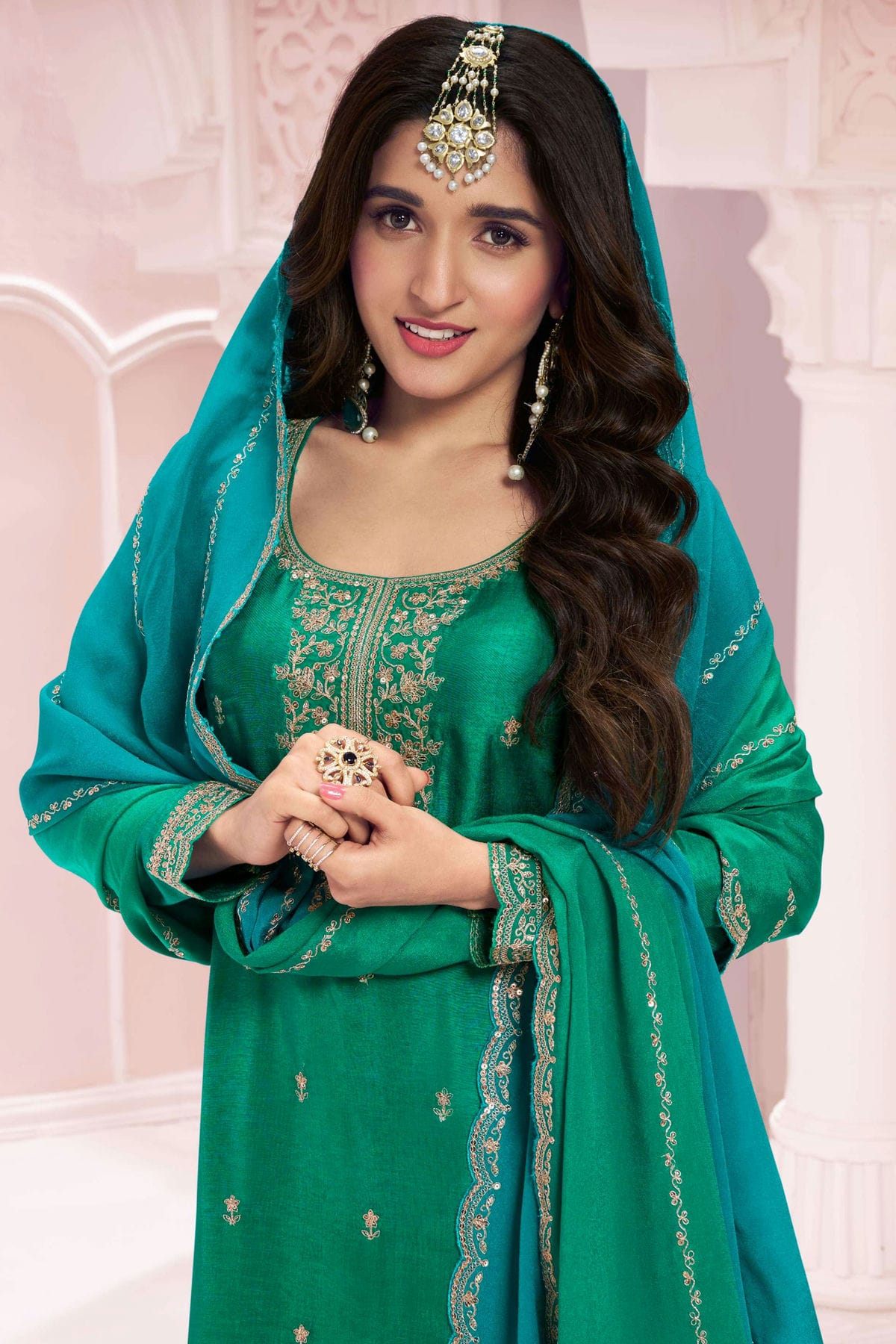 Rama Green Colour Semi Stitched Vichitra Silk Palazzo Pant Suit VSSM1140497