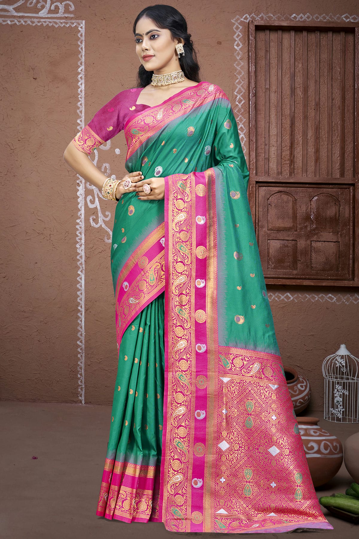 Rama Green Colour Silk Woven Work Traditional Saree