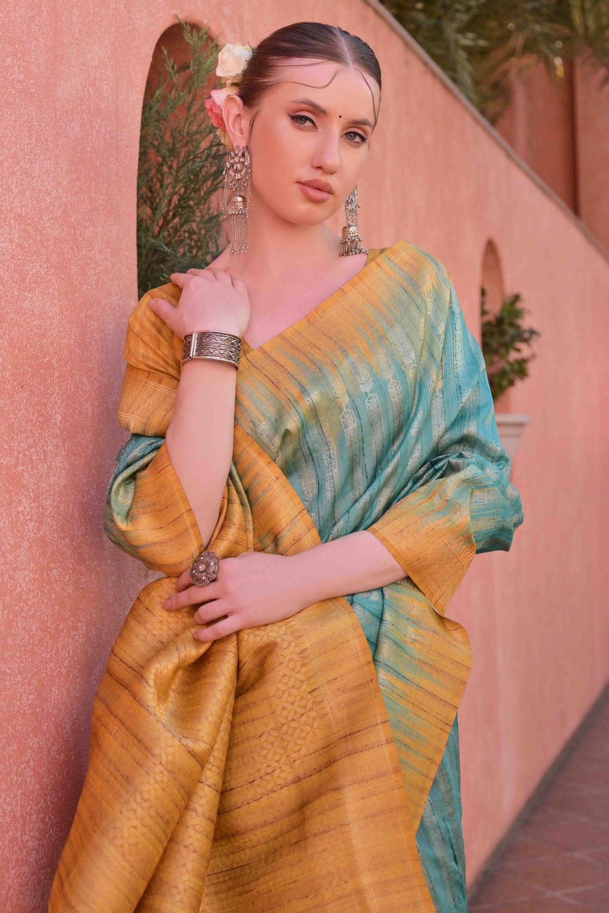 Rama Green Colour Tussar Silk Traditional Saree