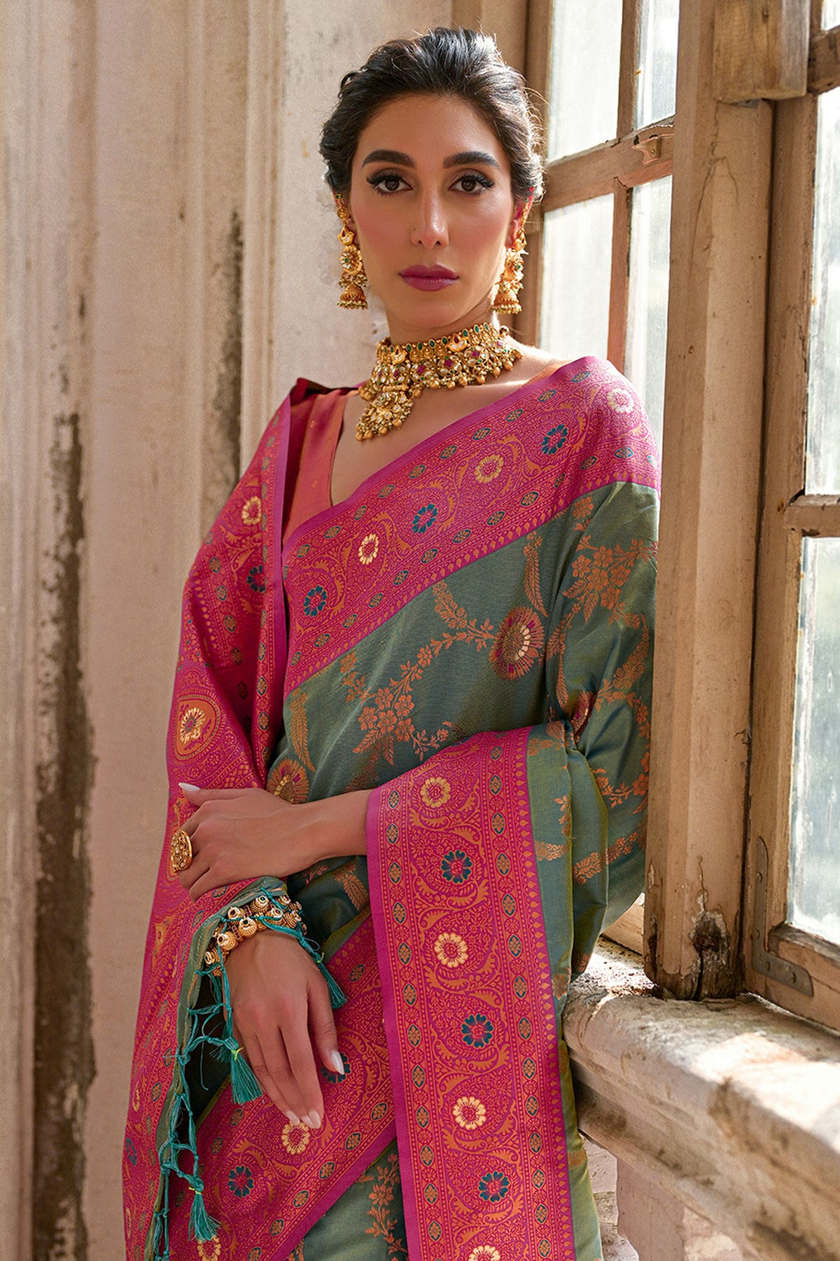 Rama Green Colour Woven Work Banarasi Silk Saree