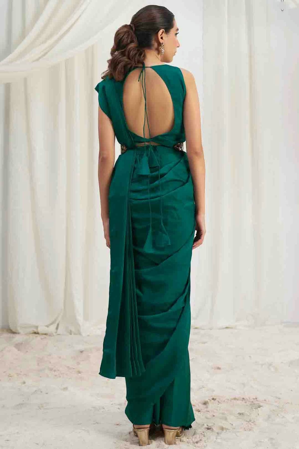 Rama Green Organza Hand Work Ready To Wear Saree VSSD1080976