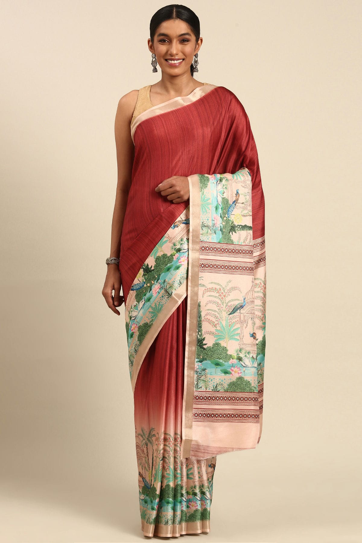 Red Colour Cotton Digital Printed Printed Saree