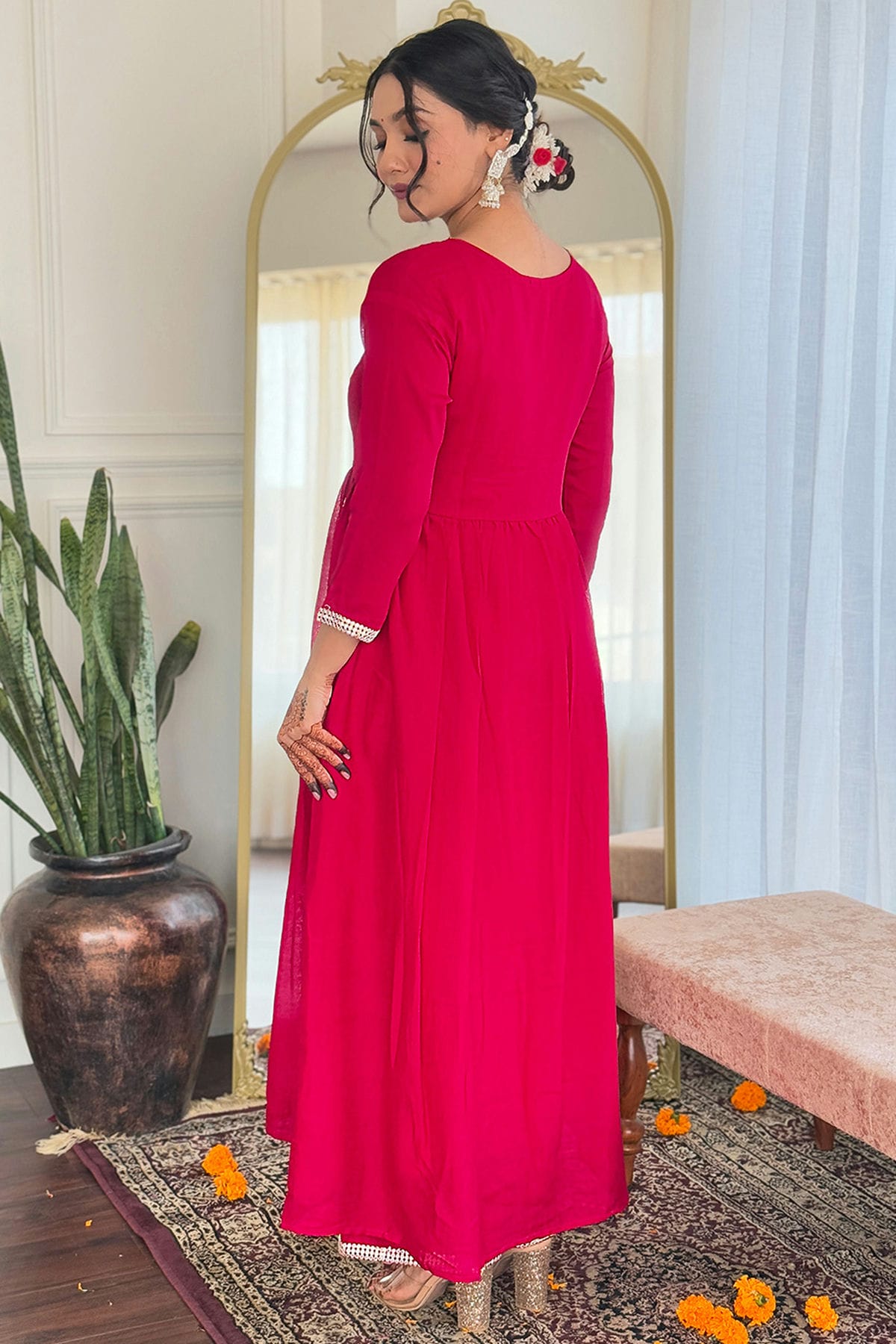 Red Colour Embroidery Viscose Stitched Suit