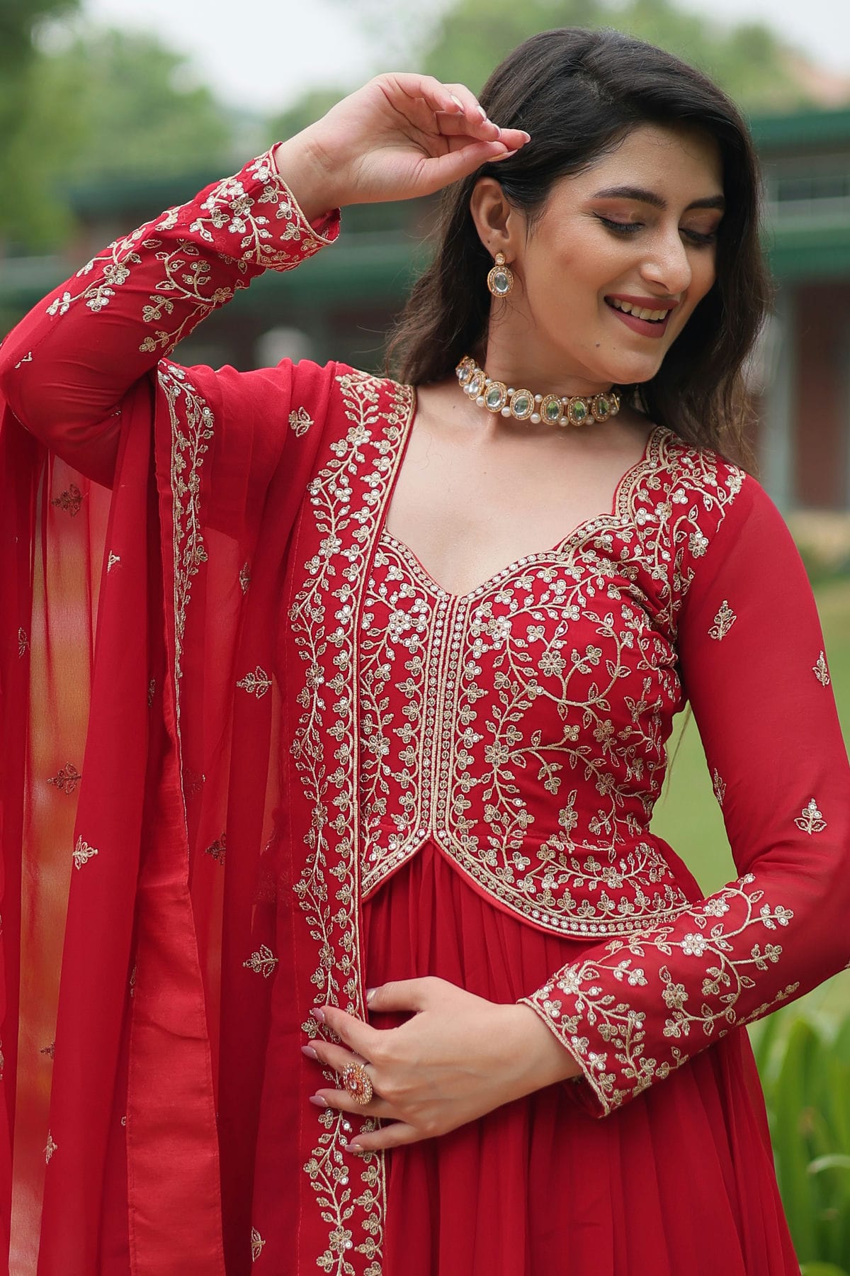 Red Colour Faux Georgette Stitched Gown VSGW1112332