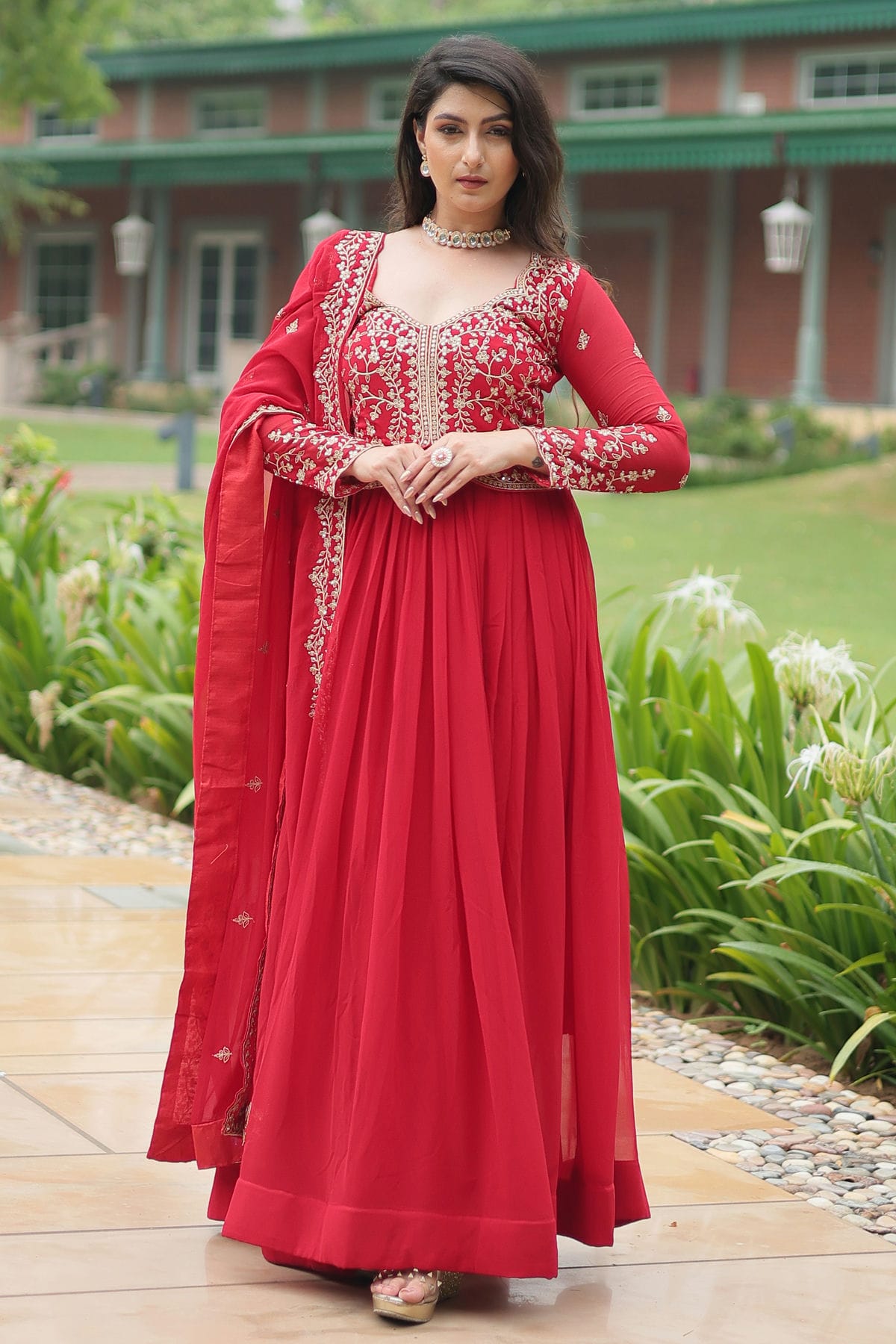 Red Colour Faux Georgette Stitched Gown – vastradi.com