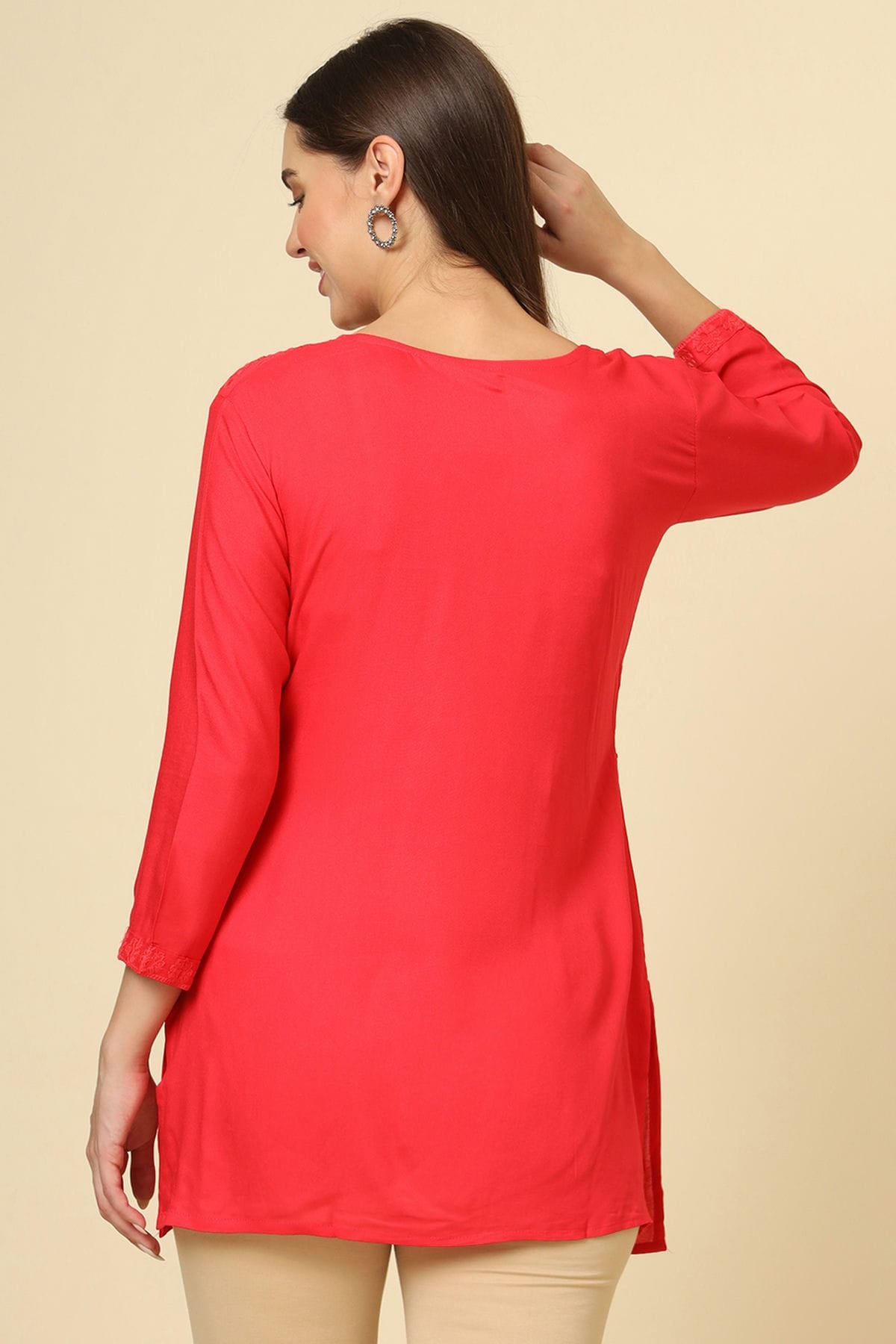 Red Colour Rayon Readymade Top VSTP1110875