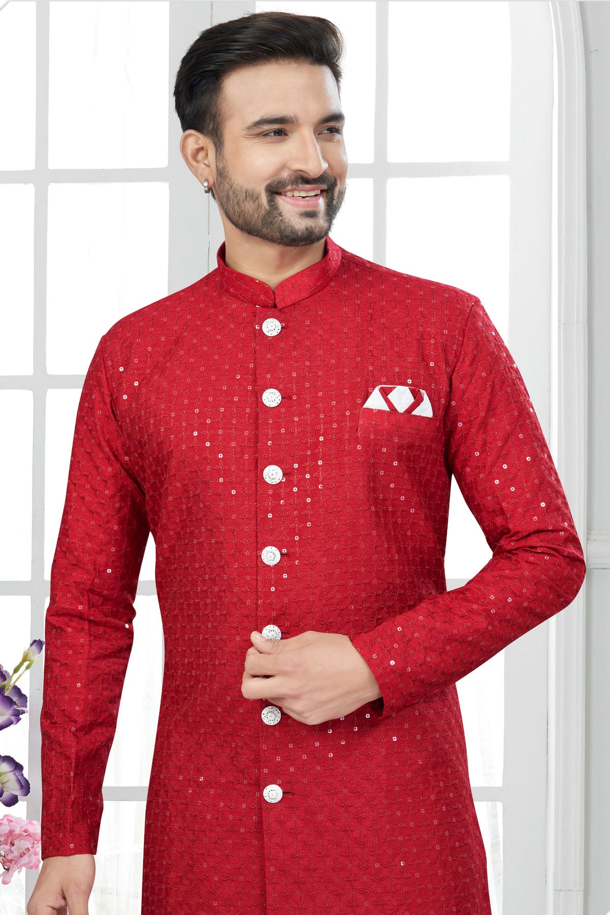 Red Colour Silk Dupion Sherwani VSSH1040612