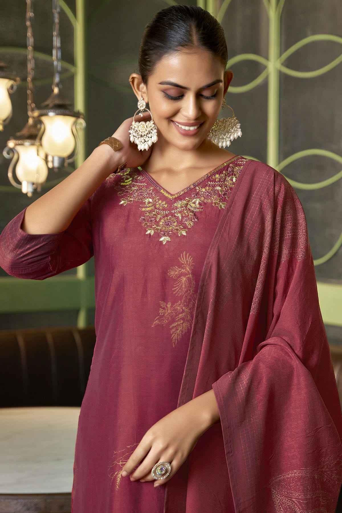 Red Colour Viscose Silk Stitched Suit