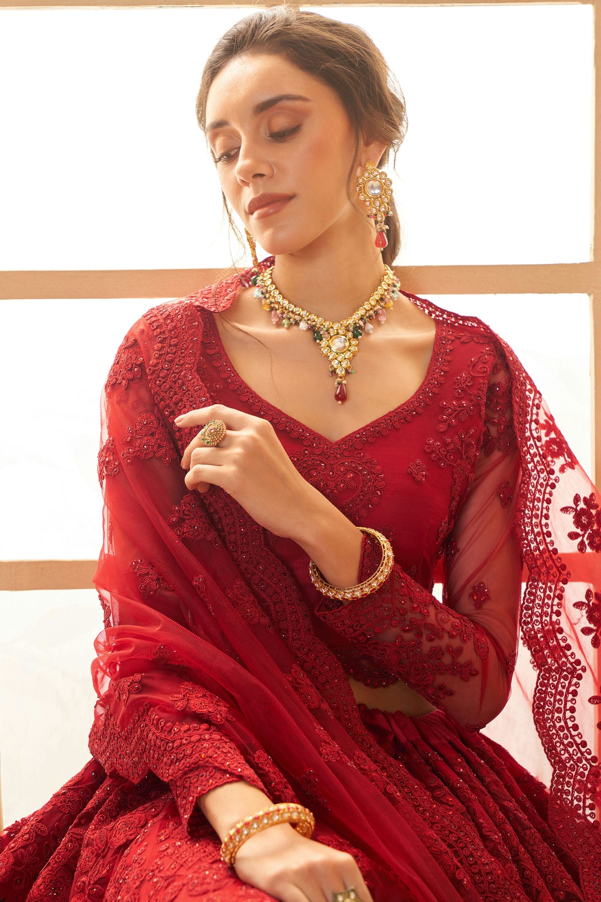 Red Embroidery Net and SilK Lehenga Choli VSLC1290140