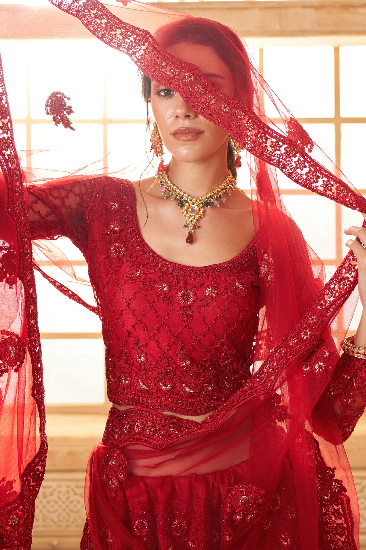 Red Embroidery Net and SilK Lehenga Choli VSLC1290146