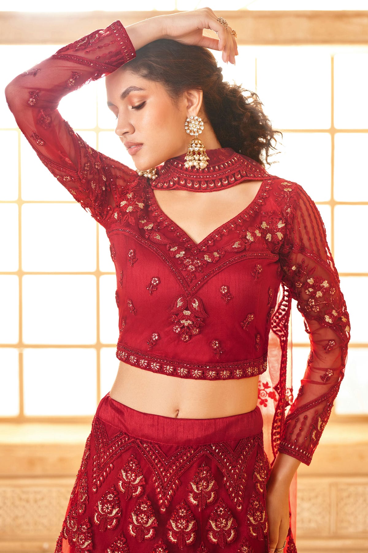 Red Embroidery Net and SilK Lehenga Choli VSLC1290154