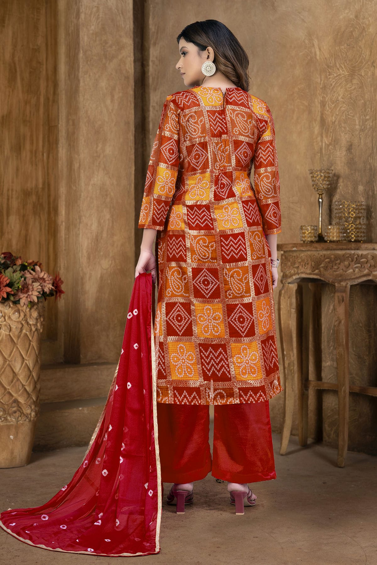 Red and Orange Colour Unstitched Cotton Plazzo Pant Suit VSUS1160852