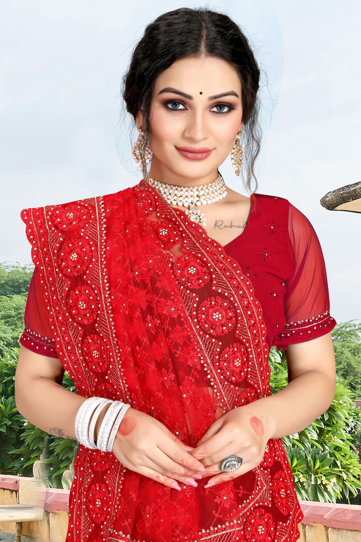 Red Colour Net Saree VSSD1090742